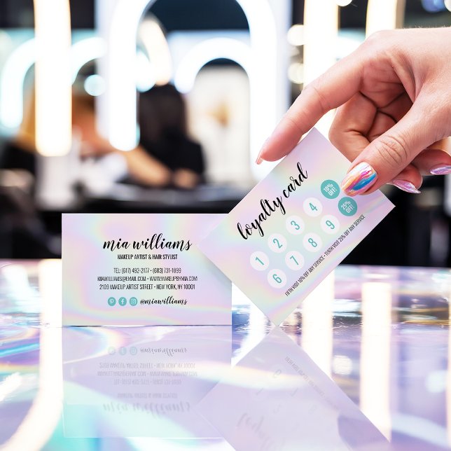 Cartão de fidelidade holográfico para cabelos (Holographic makeup hair script salon loyalty card)