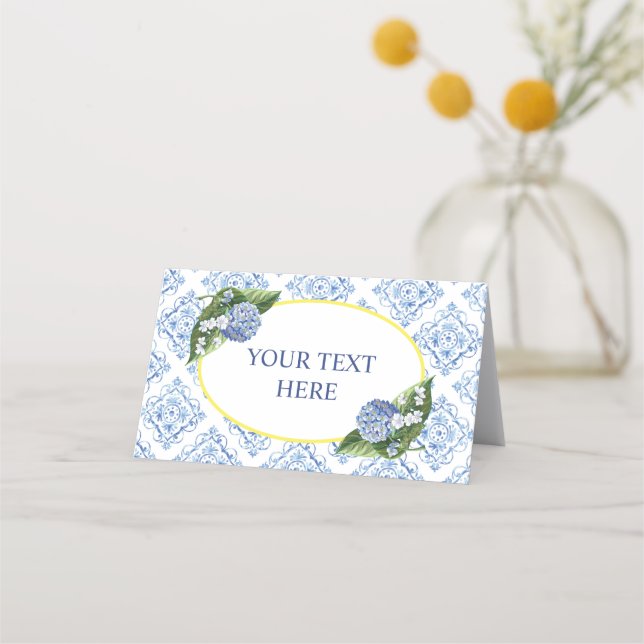 Cartão De Fidelidade Hydrangeas Blue Azulejo Comida Tent Place Card (Frente)
