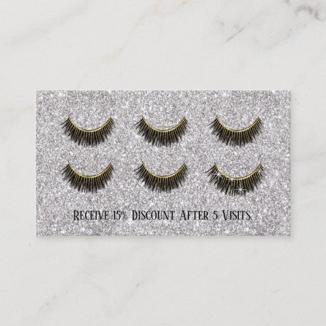 Cartão De Fidelidade Lashes Makeup Artista Modern Silver Glitter Loyalt (Frente)