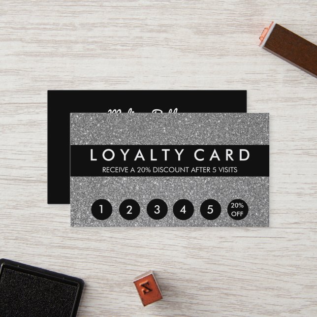 Cartão De Fidelidade Lealdade ao Cliente do Silver Glitter (Frente/Verso In Situ)