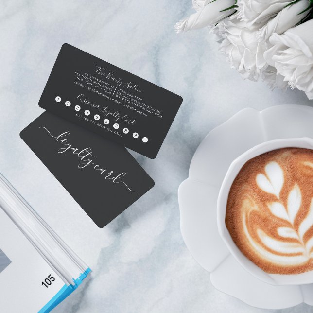 Cartão De Fidelidade Lealdade de Script Branco Simples e Preto Minimali (Criador carregado)