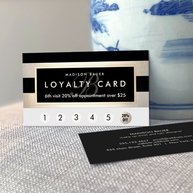 Cartão De Fidelidade Lealdade Monograma 6 Punch Dourada e Black Stripe (Criador carregado)
