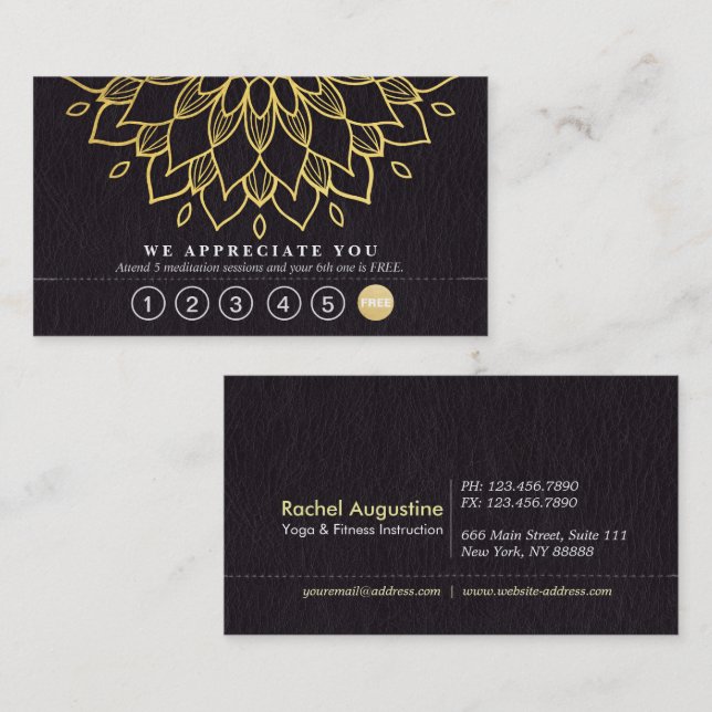 Cartão De Fidelidade Lealdade Yoga 6 Dourado Mandala e Preto (Frente/Verso)