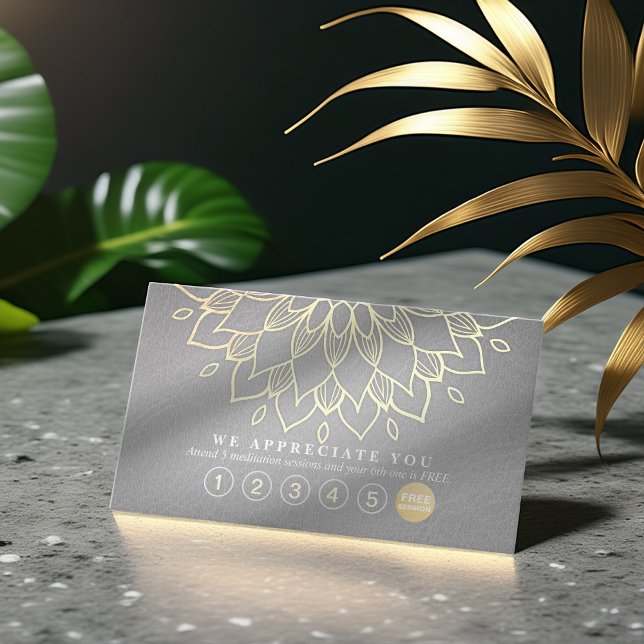 Cartão De Fidelidade Lealdade Yoga 6 Punch Dourada Mandala Cinza Couro (Criador carregado)
