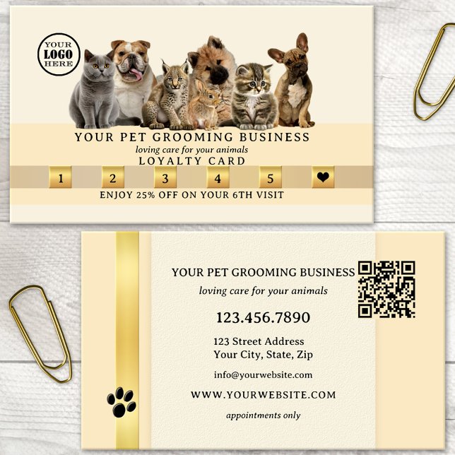 Cartão De Fidelidade Logotipo Código QR Dourado Pets (Criador carregado)