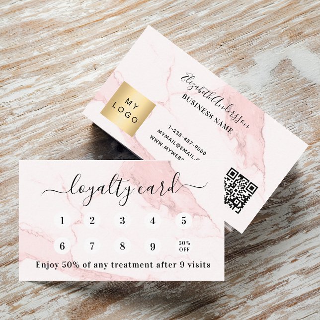 Cartão De Fidelidade Logotipo do código qr da mármore rosa-claro (Criador carregado)