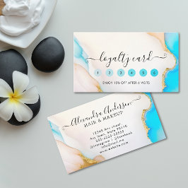 Cartão De Fidelidade Luxury Aqua e Dourado Marble Holographic Salon