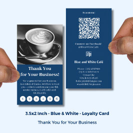 Cartão De Fidelidade Modern Blue & White Cafe with Logo Thank You Punch
