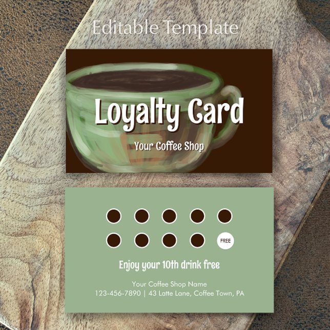 Cartão De Fidelidade Modern Sage Unique Art Coffee Shop Rewards (Customize this unique modern art coffee shop customer loyalty cards. An editable sage rewards card.
)