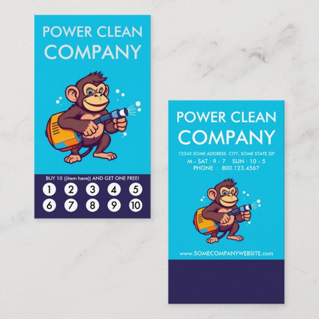 Cartão De Fidelidade Monkey Power Clean Loyalty Punch Card (Frente/Verso)