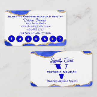 Cartão De Fidelidade Monograma Azul e Dourado Elegante com Brilho de Má