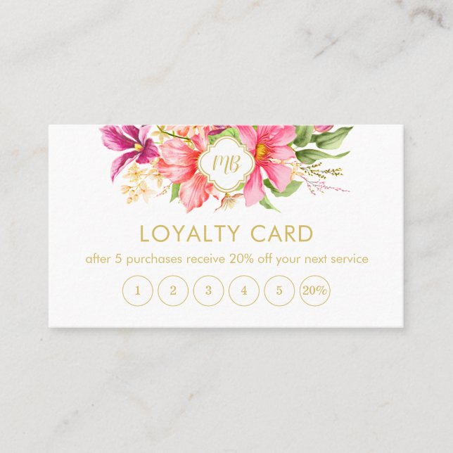 Cartão De Fidelidade Monograma de Pastel Rosa Floral Elegante (Frente)