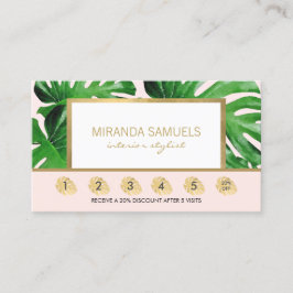 Cartão De Fidelidade Monstera Tropical Watercolor Deixa Lealdade Rosa