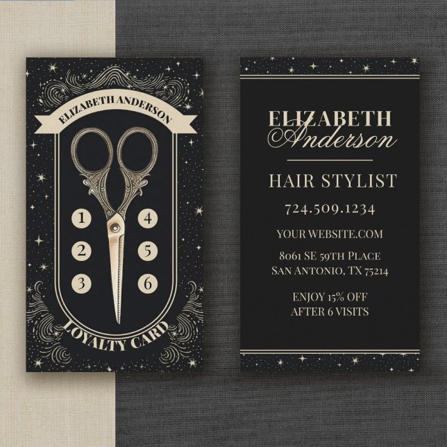 Cartão De Fidelidade Professional Hair Stylist Beauty Salon (An elegant vintage scissors hair stylist loyalty card. Personalize it with your information.)