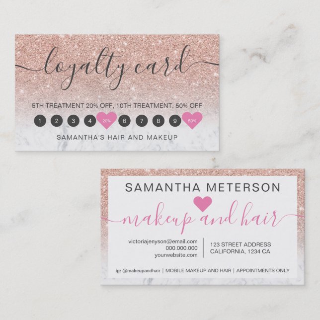 Cartão De Fidelidade Rosa dourado mlitter makeup marble 10 nã (Frente/Verso)