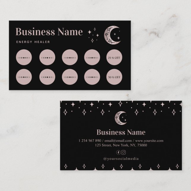 Cartão De Fidelidade Rose Gold Moon Star Energy Healer Loyalty Card (Frente/Verso)