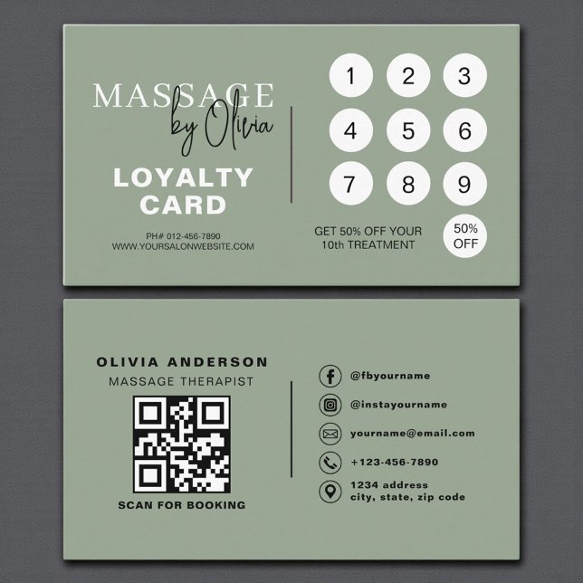 Cartão De Fidelidade Sage Green Massage Therapist QR Code Loyalty Card (Criador carregado)