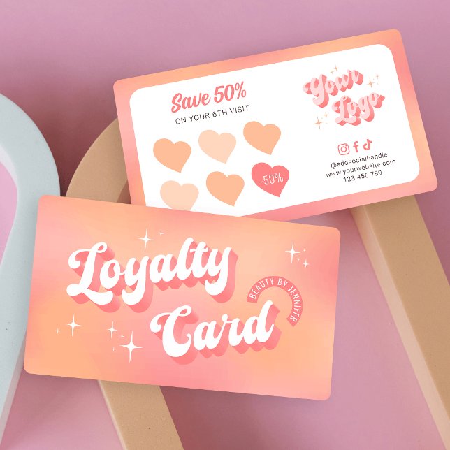 Cartão De Fidelidade Salão da Beleza Rosa Rosa Rosa, Retro Feminina Mod (Retro groovy business loyalty cards in pastel peach and pink hues, perfect for your feminine brand)