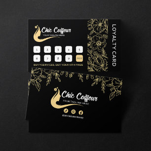 Cartão De Fidelidade Salão de Beleza Floral Preto Chic Dourado