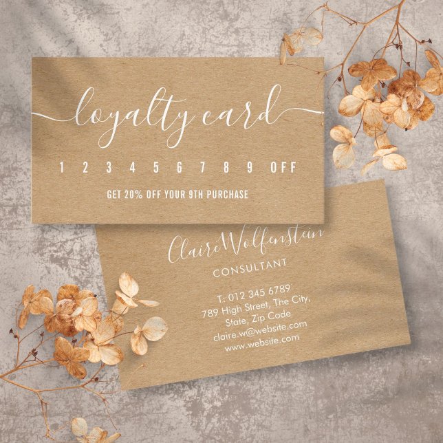 Cartão De Fidelidade Simples Profissional Rústico Kraft Elegante Script (Simple Professional Rustic Kraft Elegant Script Loyalty Card)