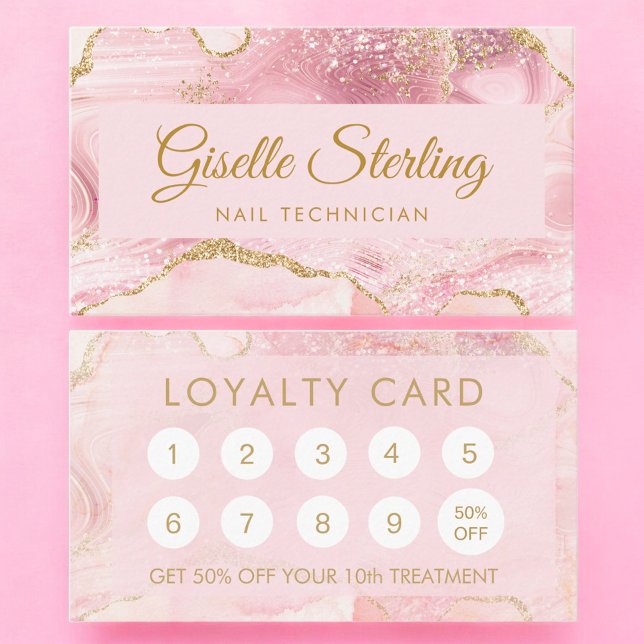 Cartão De Fidelidade Técnico de Unhas Blush Rosa Ágata Mármore (Criador carregado)