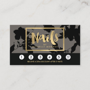 Cartão De Fidelidade Texto Dourado Floral Preto Nail Salon Cinza Lealda