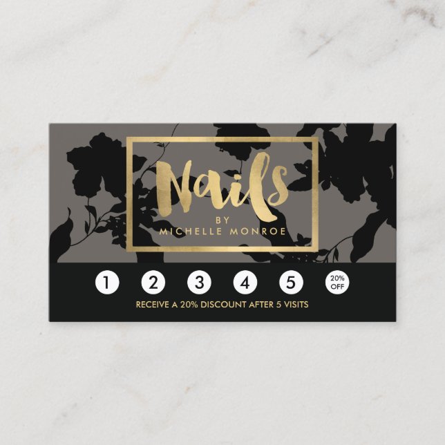 Cartão De Fidelidade Texto Dourado Floral Preto Nail Salon Cinza Lealda (Frente)