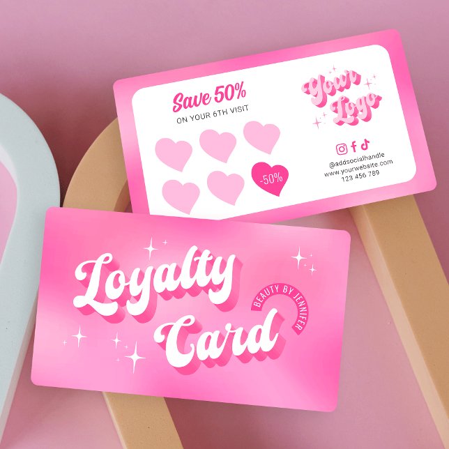 Cartão De Fidelidade Trendy Groovy Retro Pink Beauty Unhas Spa (Trendy retro business loyalty cards in girly pink with space for your logo and custom rewards offer)