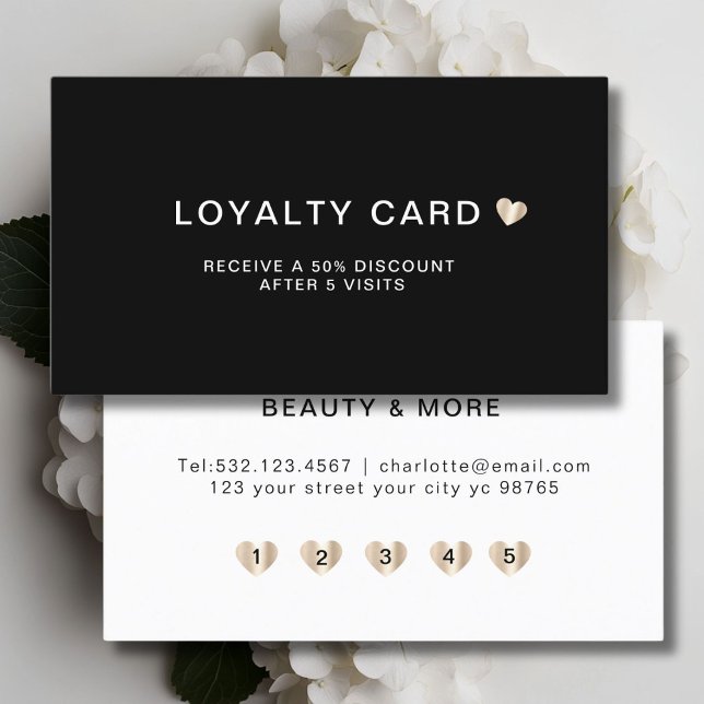 Cartão De Fidelidade Visita Simples do Coração 5 Elegante (Personalized, Simple Elegant Heart 5 Visit Loyalty Card, Black + Gold.)