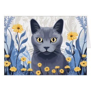 Cartão de Flor Amarelo de Gato Azul Russo