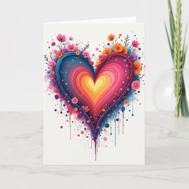 Cartão de Flores de Coração de Amor em Aquarela (Frente)