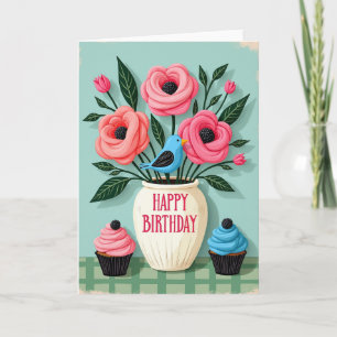 Cartão de Flores de Pássaro Jubiloso