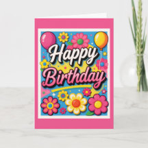 Cartão de Flores e Balões de Aniversário Brilhante