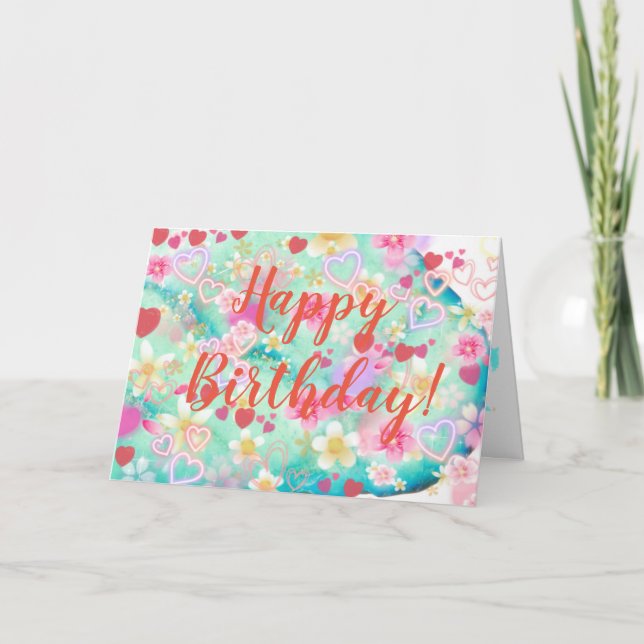 Cartão de Flores e Corações com Feliz Aniversário  (Frente)