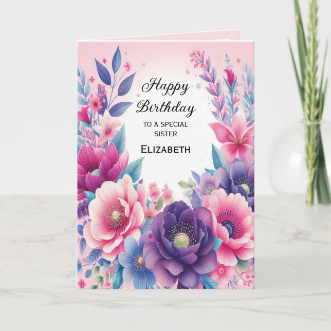 Cartão de Flores Rosa Roxo Azul Brilhantes e Fofas (Frente)