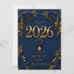 Cartão de Formatura Azul Marinho Elegante com Dour