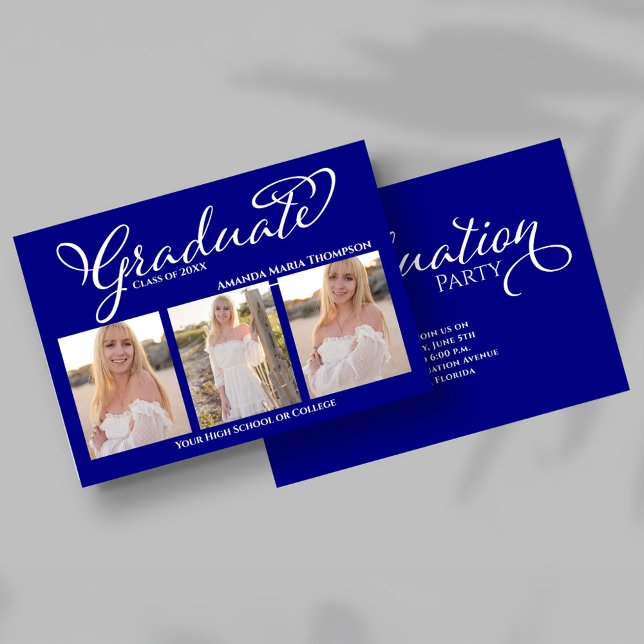 Cartão de Formatura com Colagem de Fotos em Script (Navy blue script graduation photo collage announcement with three senior portraits.)