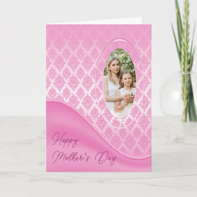 Cartão de Foto com Gradiente Rosa Damask (Frente)