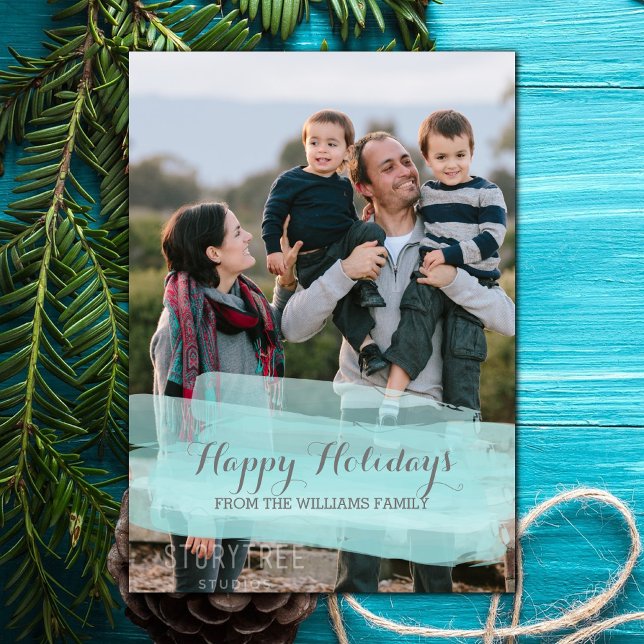 Cartão de Foto com Pincelada de Aquarela Turquesa (Turquoise Watercolor Brushstroke Holiday Photo Card)
