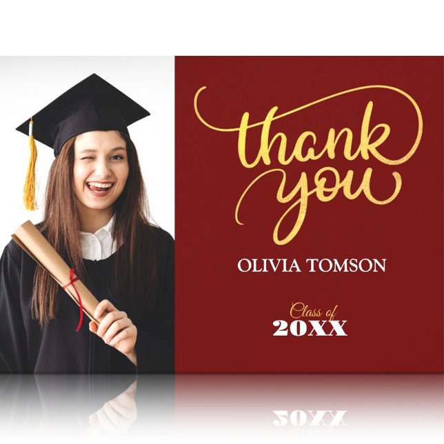 Cartão de Foto de Agradecimento de Formatura Moder (Red & Gold Modern Graduation Thank You Photo Card, Class of 2026, Graduation 2026)
