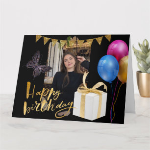 Cartão de Foto de Aniversário – Preto e Dourado El