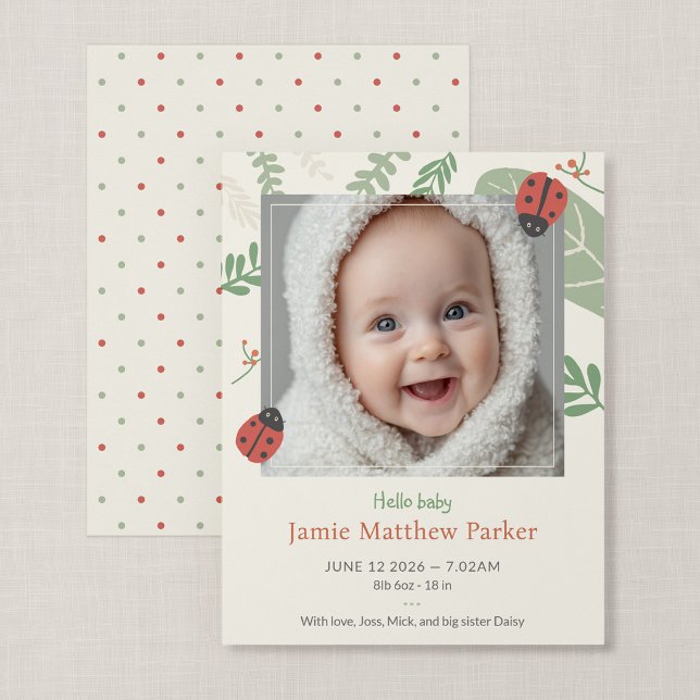 Cartão de Foto de Anúncio de Bebê Nova Ladybug Com (Ladybird Meadow - Compact 4.25 x 5.5" Ladybug Baby Announcement)