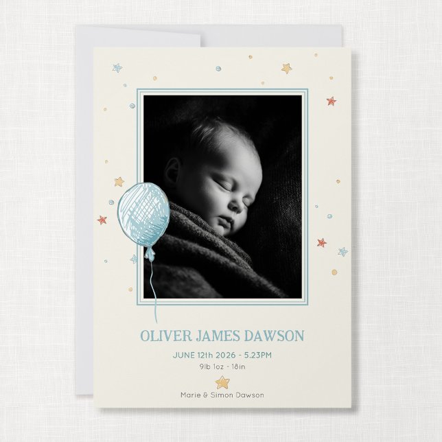Cartão de Foto de Anúncio de Nascimento Balloon Da (Balloon Daydream - New Baby 5x7" Flat Photo Card)