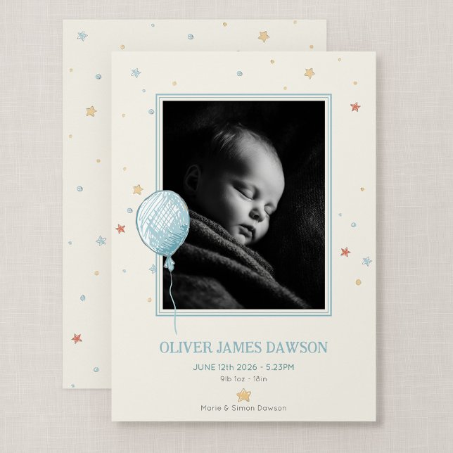 Cartão de Foto de Anúncio de Nascimento Balloon Da (Balloon Daydream - New Baby 5x7" Flat Photo Card)