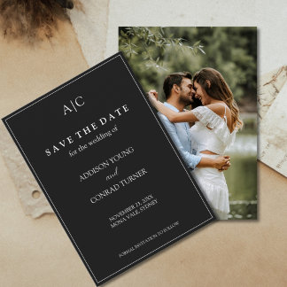 Cartão de Foto de Casamento com Monograma Preto pa