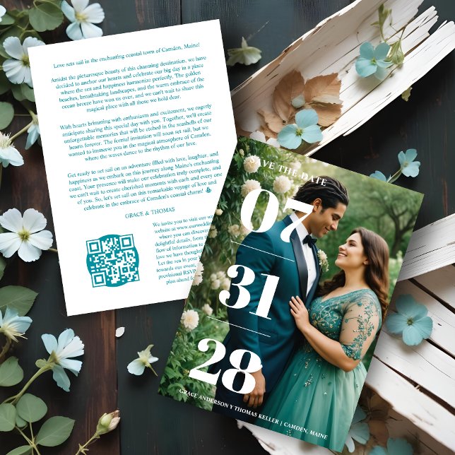 Cartão de Foto de Casamento Minimal Adorado Elegan (Minimal Cherish Stylish & Funny Wedding Photo Card Save the Dates Cards with QR Code. )
