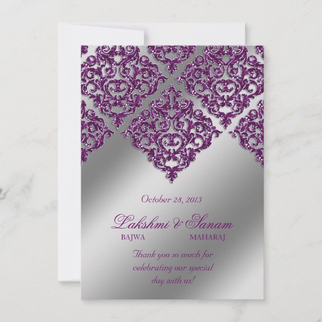 Cartão de Foto de Convite Damask Prata Roxo Brilho (Frente)