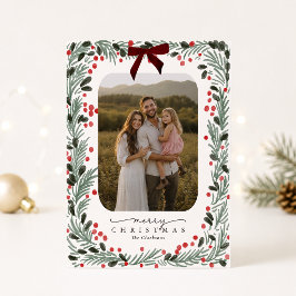 Cartão de Foto de Natal com Verde Água e Laço Verm