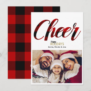 Cartão de Foto de Natal com Xadrez Vermelho CHEER