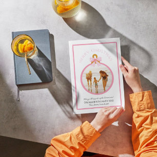 Cartão de Foto de Natal Coquette Gingham Bow Rosa